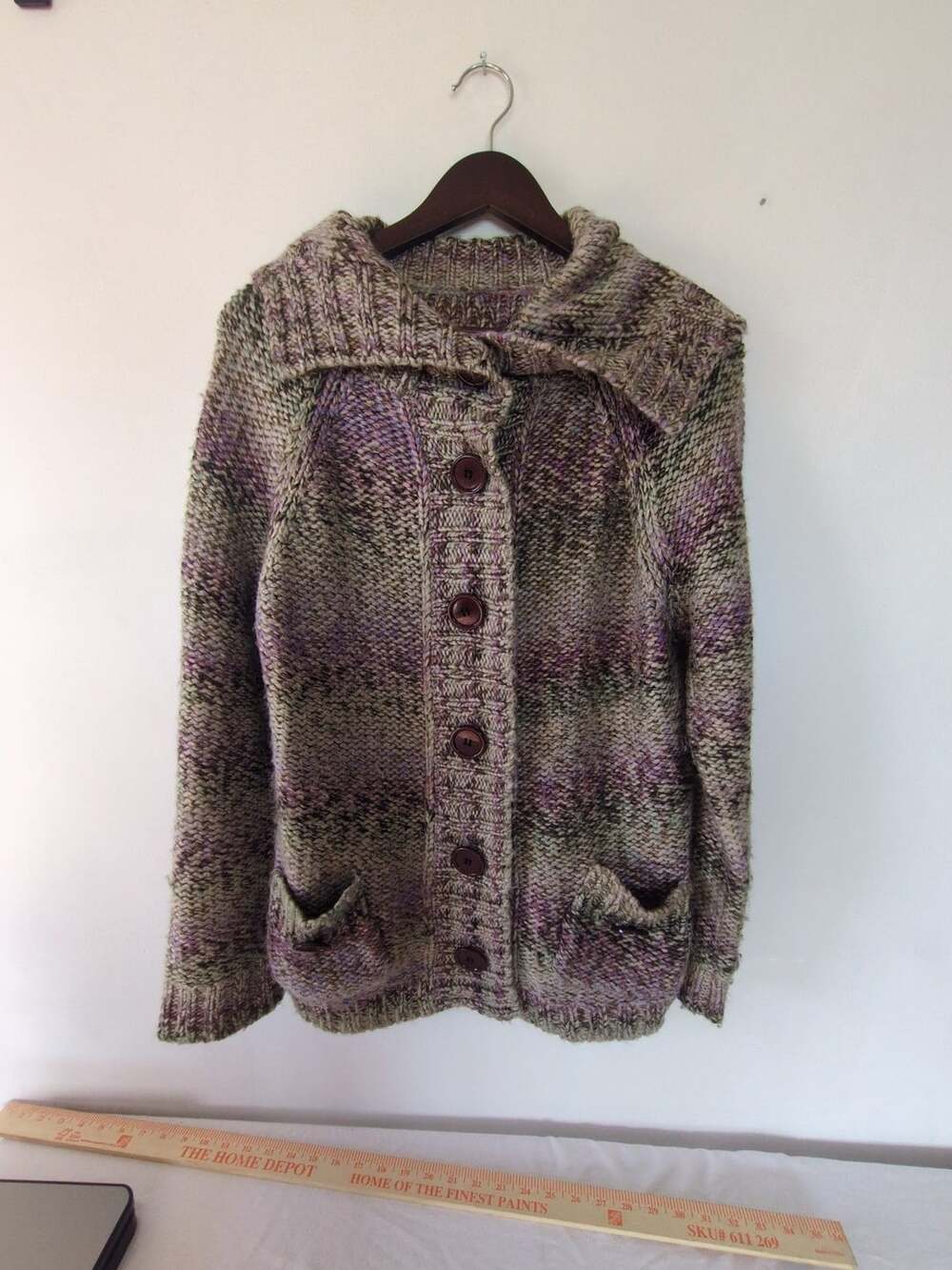 Chunky Knit Cardigan Sweater Multicolor Marled Wool Blend